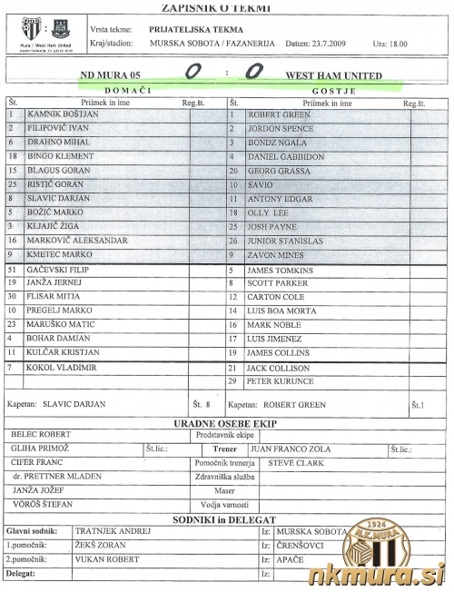Zapisnik s tekme Mura 05 : West Ham United.