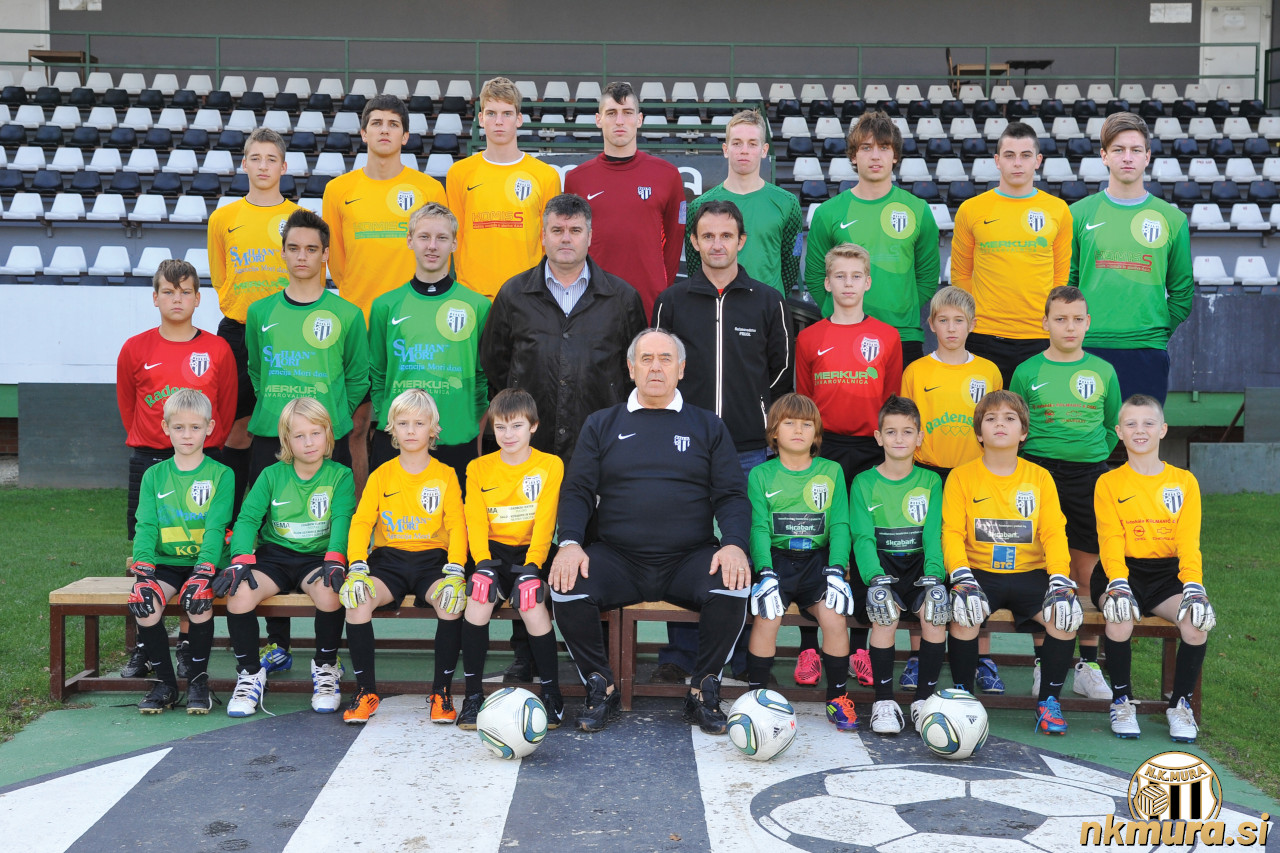 Slobodan Đurić (spodaj v sredini) s svojimi vratarji iz leta 2012. V sredini sta vodja nogometne šole Boris Štivan in predsednik Miroslav Topič.