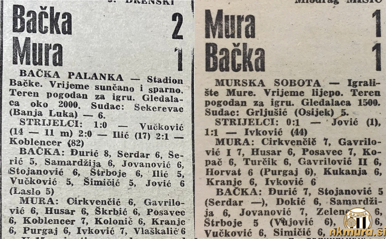 Faksimile iz Sportskih novosti iz tekem Mure in Bačke Palanke v sezoni 1973/74. Tekma v Bački Palanki je bila 9. septembra 1973, v Murski Soboti pa 31. marca 1974. Za Bačko je branil Slobodan Đurić.