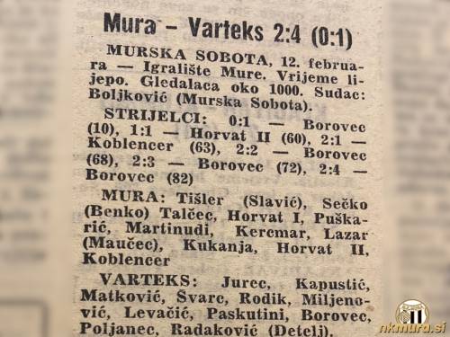 Poročilo s tekme med Muro in Varteksom, ki je bilo 13. februarja 1967 objavljeno v Sportskih novostih.
