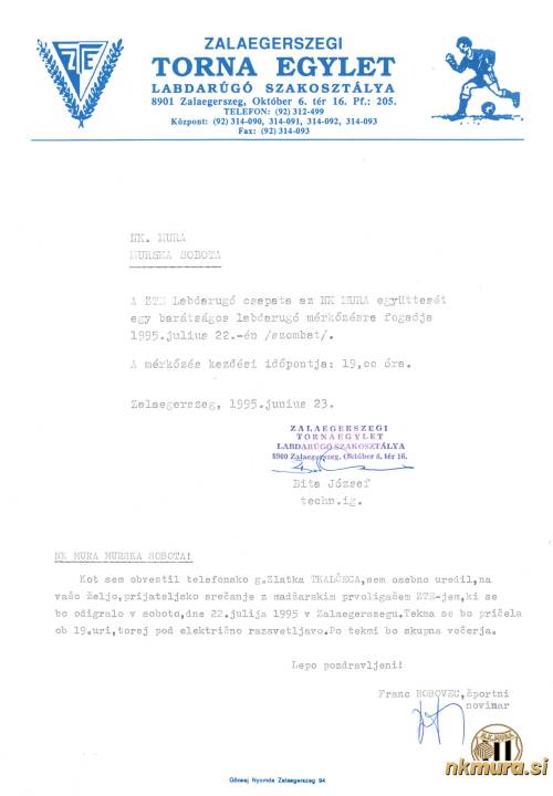 Dopis iz katerega je razvidno, da sta se Mura in ZTE dogovorila za pripravljalno tekmo.