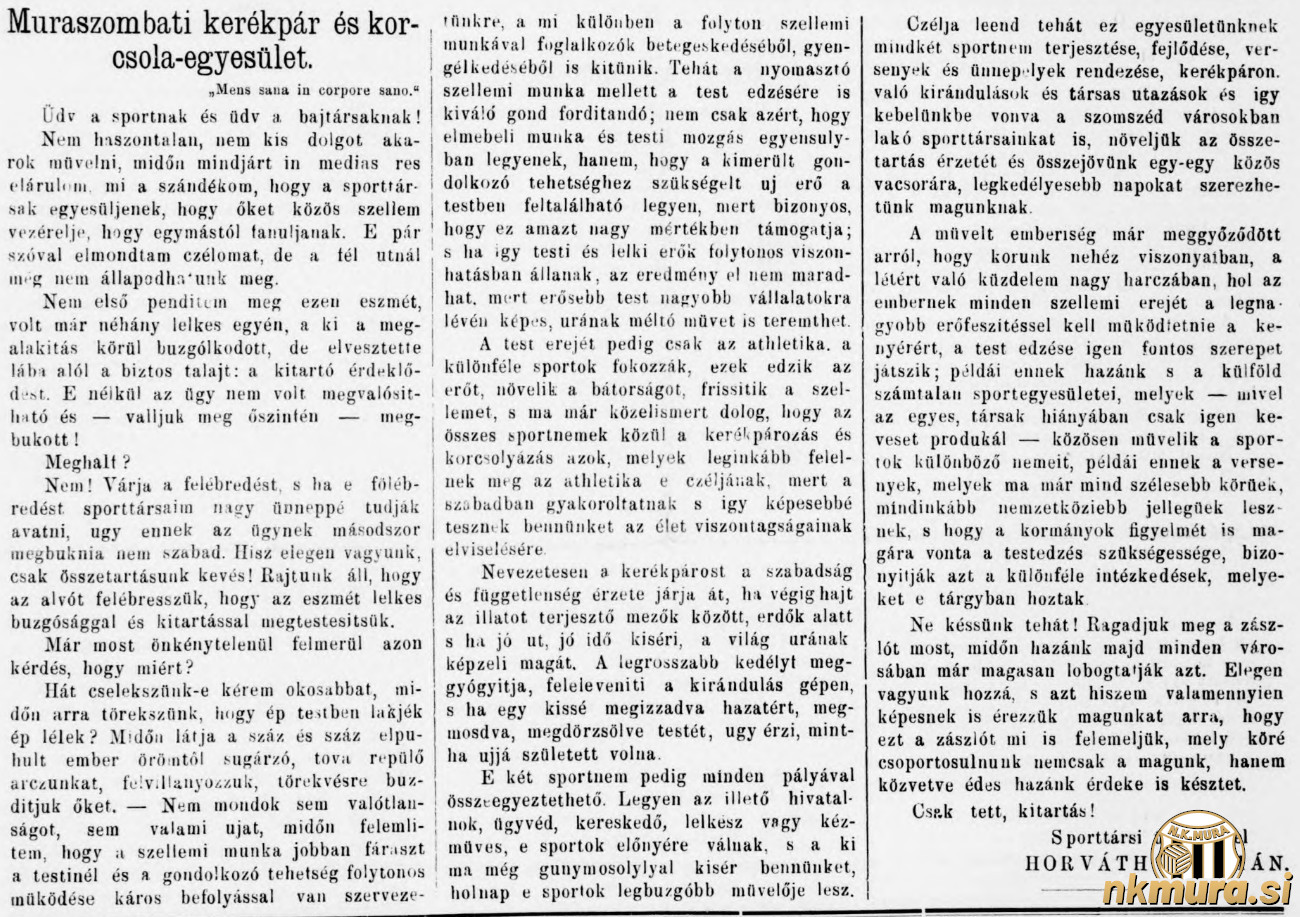 Ideja o ustanovitvi Murskosoboškega kolesarskega in drsalnega društva iz leta 1891.
