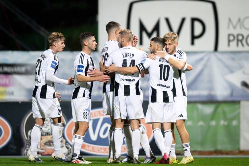 Od leve: Žan Petrovič, Alen Korošec, Borna Proleta, Raphael Hofer, Nino Kouter in Niko Kasalo se veselijo zadetka Daria Vizingerja.