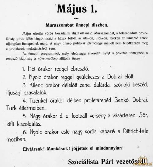 Vabilo na praznovanje praznika dela, ki je bil 1. maja 1919.  Popoldne je bila na sporedu nogometna tekma.