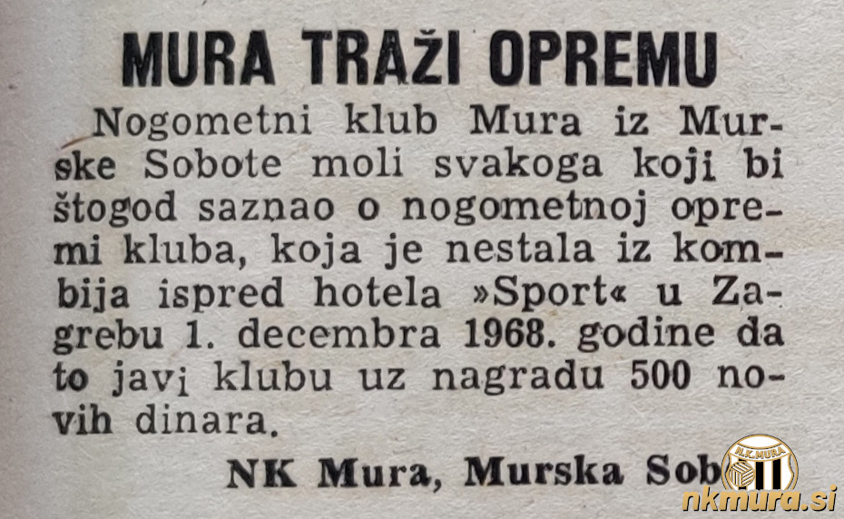 Mura je prek časopisov objavila poziv vsem, ki bi karkoli vedeli o ukradeni opremi. Za to je nudila nagrado v vrednosti 500 novih dinarjev.